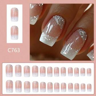 24pcs Medium Size Shiny Chic Manicure French White Tip Removable Nail Stickers, Glamorous & Sparkling, Suitable For Cross-Border E-Commerce