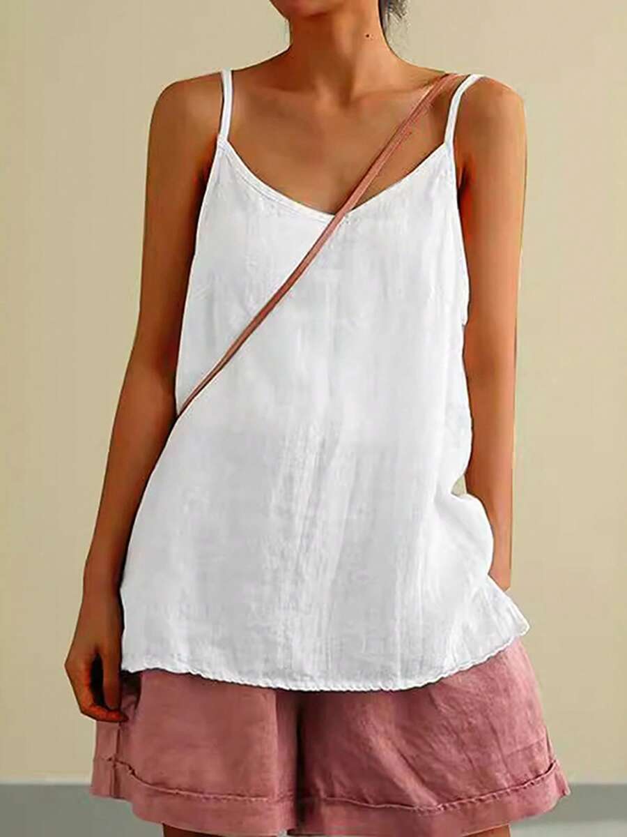 Cotton Linen Camisole For Women Sleeveless Spaghetti Strap Cami Shirt Solid Color Casual Loose Basic Tank Tops - 白色 - 查看 1