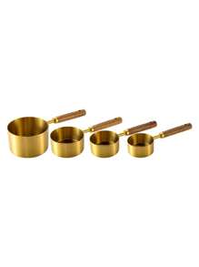 4 Piece Measuring Cups And Spoons Set, Stainless Steel Measuring Tools With Wooden Handles, Stackable Kitchen Gadgets For Baking, Cooking, Dry And Liquid Ingredients