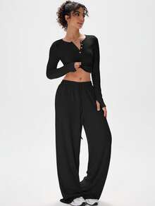 PinkTip Stylish Knit Two - Piece Set: Cropped Top & Wide - Leg Pants - Black - View 4