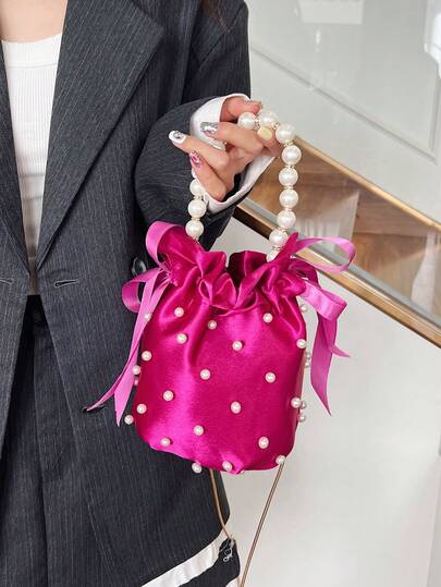 1pc Women's Fashion Nylon Drawstring Bucket Handbag With Beaded & Pearl Decor, Shoulder/Crossbody Bag