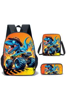 3pcs Dinosaur-Black/Green/Colours Themed Backpack Set With Lunch Box & Pencil Case&Storage Bag - Polyester, Lightweight, Fashionable Mixed Colors