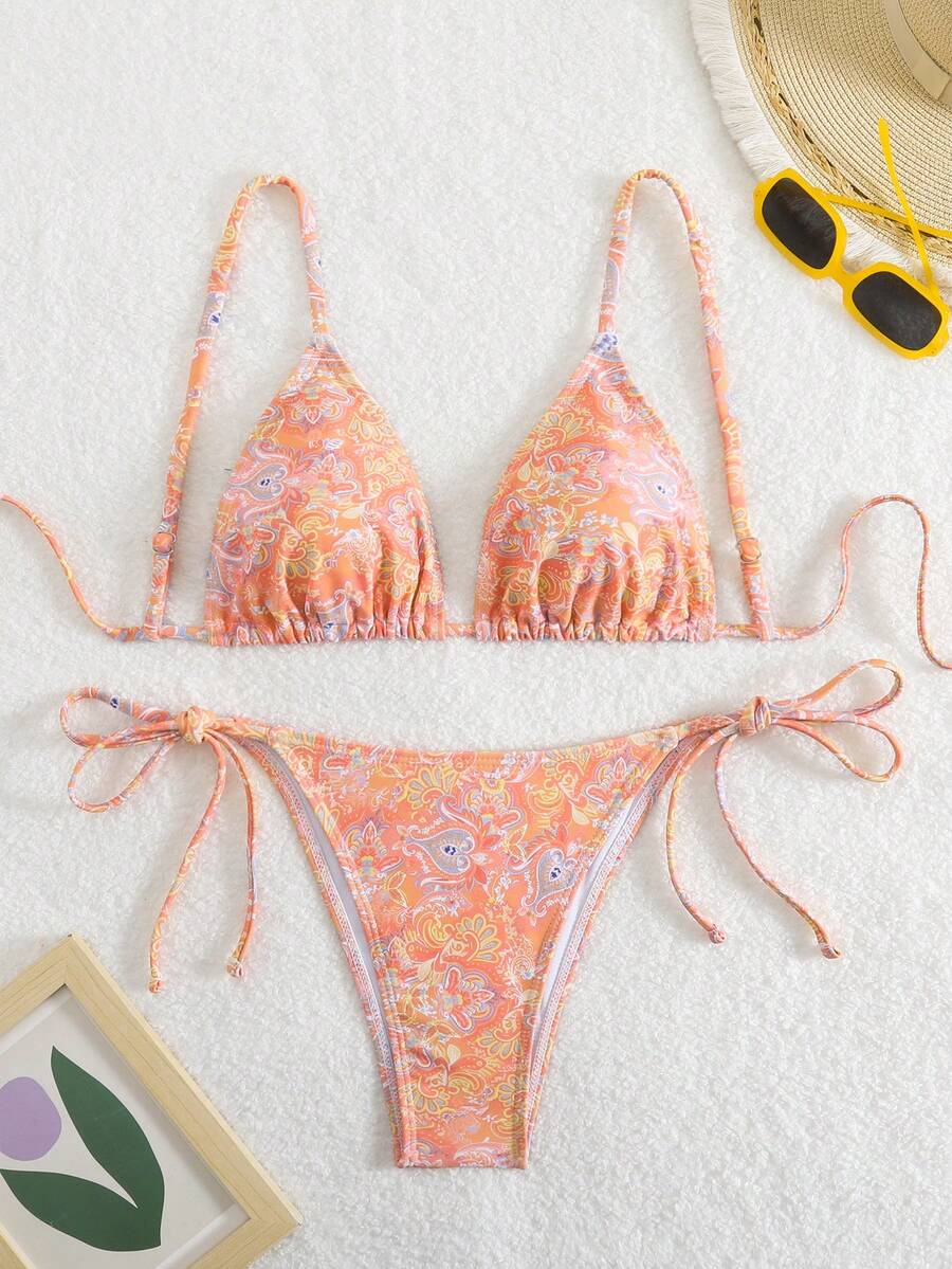 2pcs Pink Floral Printed Bikini Set - Orange - View 1