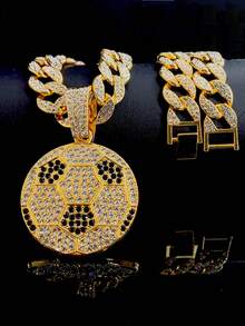 Luxury Alloy Men's Quartz Watch, With Rhinestone Rhinestone Crystal And Date, Paired With A Hip-Hop Pair It With A Football Pendant Full Of Rhinestones Cuban Necklace And Bracelet Set - Necklace Set - View 18