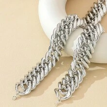 1 套极简主义银色金属链项链和手链 2 件，夸张个性化锁骨链小众高端女士珠宝 - 銀色單扣項鍊 - 查看 7