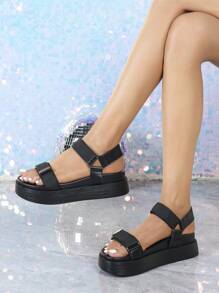 Damen Plateau Keilsandalen, schwarz, wasserdicht, dicke Sohle, Absätze, verstellbare Riemen, Modeschuh für den Strand