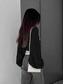 Cardigan Kasual Longgar Lengan Panjang Model Bahu Jatuh Warna Polos untuk Wanita - Hitam - View 2