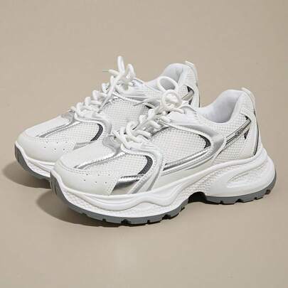 Women's Spring/Autumn New Casual Chunky Sneakers, Mesh Breathable Thick Sole Wedge Heel Leisure Shoes, Lightweight Versatile Fashion Lace-Up White/Gray Casual Sneakers, Suitable For All Seasons