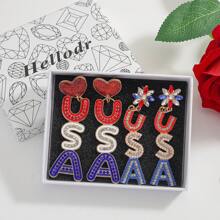 1Pair American Flag Color USA Letter Rhinestone Rice Bead Heart Shape Drop Earrings, Women's Independence Day Party Gift Earrings Pendant