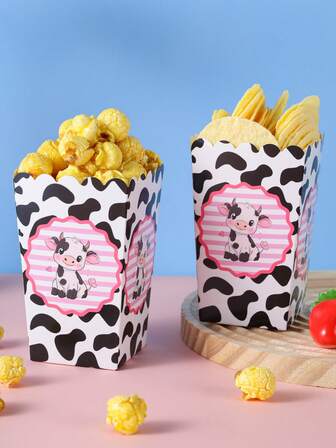 10/24 Cajas de comida con diseño de vaca, cajas para papas fritas, vasos para palomitas de maíz, cubos para palomitas de maíz, decoraciones para fiestas de cumpleaños y bandejas para refrigerios para noches de cine familiar, adecuadas para loncheras, panaderías, restaurantes de hamburguesas