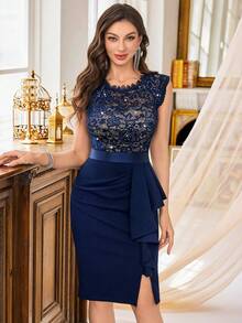 MIUSOL Classic Sequin Floral Lace Sleeveless Split Thigh Ruffle Coctail Party Fitted Dress - Navy Blue - View 4