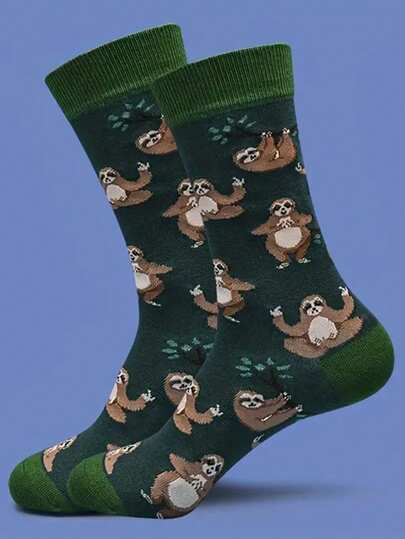 1 Pair Cute Sloth Pattern Men's Mid-Calf Socks. Made Of Soft, Stretchy Fabric, Suitable For Casual Summer Wear. Adorable Socks, Fun Accessory, Whimsical Design, Comfortable Fit, Playful Style.