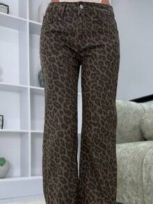 Manon Tanti 1pc Women Front Button Low Waist Leopard Print Washed Straight Leg Jeans, Casual Everyday Wear - Multicolor - View 6