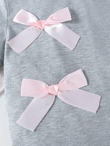 Girls Summer Fashion Bow Decor Suit, Round Neck Short Sleeve Top + Asymmetric Hem Skirt, Casual Outdoor T-Shirt Set Suitable For 4-7 Years Old Girls, Daily, Outdoor, Street, Campus & Party Wear - Grey - View 6