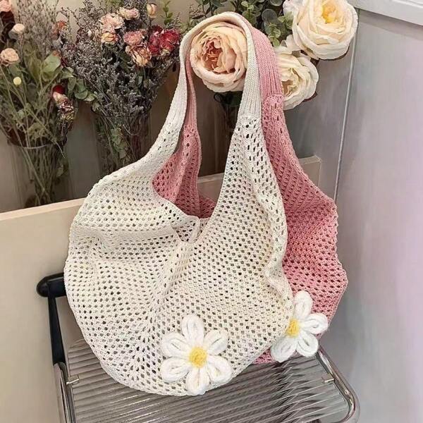 Knitted Bag Women's Korean Version Shoulder Tote Bag Slouchy Style Knitted Hollow Flower Beach Bag