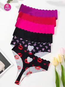 6 Pcs Women Plus Size Sexy Cute Hollow Out Love Shape Sexy Thong, Pink Stretchy Panties, Women's Lingerie & Underwear