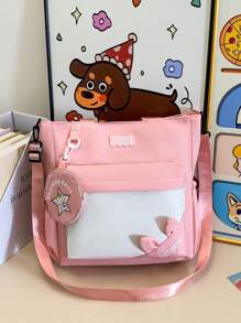 1 pieza Bolso de hombro con combinación de colores para niñas, versátil y de moda, bolso escolar informal con cierre de cremallera, adecuado para uso diario y en el campus