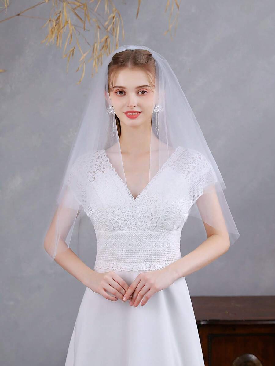 1 chiếc khăn voan cô dâu trơn có lược chải tóc, khăn voan lưới chống trượt tối giản, phụ kiện trang trí tóc thanh lịch, trang phục mùa thu cho phụ nữ - Hai lớp sợi trơn - Xem 1