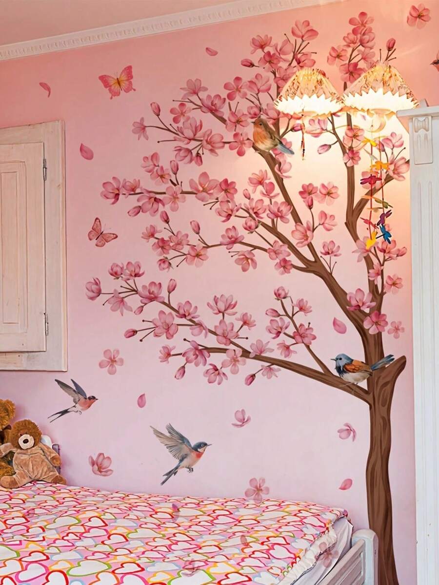 3pcs/2pcs/1PC Peach Tree Leaf Bird Wall Stickers, Pink Plum Blossom Branch Bird Wall Stickers, Cartoon Girl Back Plant Flower Butterfly Wall Stickers, Living Room Background Wall Home Decor Self-Adhesive Wall Stickers, Children's Room Decor Wall Sticker Mural, Self-Adhesive Wall Art Stickers Wall Decor