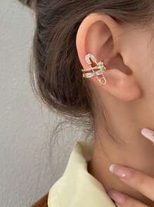 1 pieza Pendientes de clip de metal de color dorado con doble capa y decoración de rhinestones para mujer, adecuado para citas, reuniones, fiestas, bailes y accesorios diarios de vestir