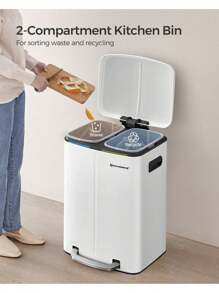 Double Rubbish Bin, 2 X 20L Kitchen Bin, Dual Compartment Metal Step Bin, With Plastic Inner Buckets, Soft-Close Lids, And Handles, Odour Seal, White