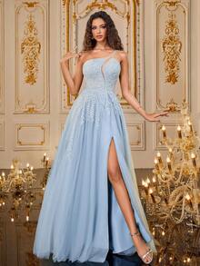 VIPGIRL Vestido formal asimétrico de cuello dividido con malla, elegante vestido de noche, boda y graduación para invitados, para cena y fiesta - Azul - Ver 3