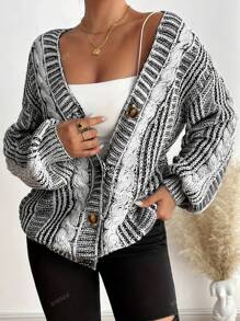 Mature & Elegant European Style Fashion Colorblock Loose Fit Plus Size Women Cardigan, Versatile Long Sleeve Knit Sweater