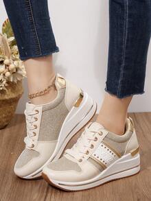 Preppy Casual Glitter Outdoor Wedge Sneakers - Gold - View 6