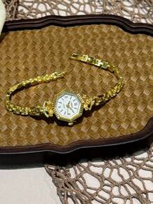 1 Stück französische goldene Retro-Polygon Damenuhr, exquisit elegante modische Quarzuhr für Frauen, geeignet für den täglichen Gebrauch, Partys und Urlaub, um Ihr Handgelenk mit drei farbigen Zifferblättern/Gold/Weiß/Grün zu dekorieren