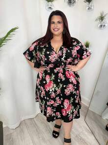 Enliva Jennifer_samantha_style Plus Floral Print Butterfly Sleeve A-Line Dress, For Apple Rounded Body Shape - Multicolor - View 7