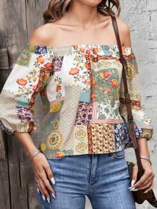 Blusa de verano con estampado floral y hombros descubiertos ajustable para mujer: estilo cómodo e informal, perfecto para unas vacaciones relajantes - Marrón Mocha - Ver 3