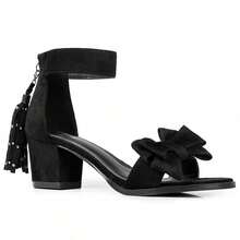 Tacones con tirantes para mujeres - Sandalias negro con lazo y borla, perfectas para festivales de música y salir de noche