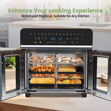 Emphsism Friggitrice ad aria calda da 23 litri, mini forno, friggitrice ad aria calda a doppia zona, forno XXL da 1800 W con touchscreen a LED, 15 programmi, con ricettario e accessori.