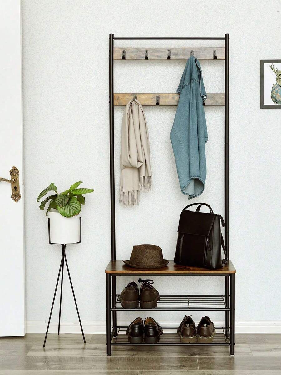 Coat Rack, Hallway Cabinet, Cloakroom, Clothes Rack, With Bench And Shoe Shelves, Hooks, Metal Frame, Height 175 Cm, Industrial Style, Rustic Brown And Black - Chocolate Brown - View 1