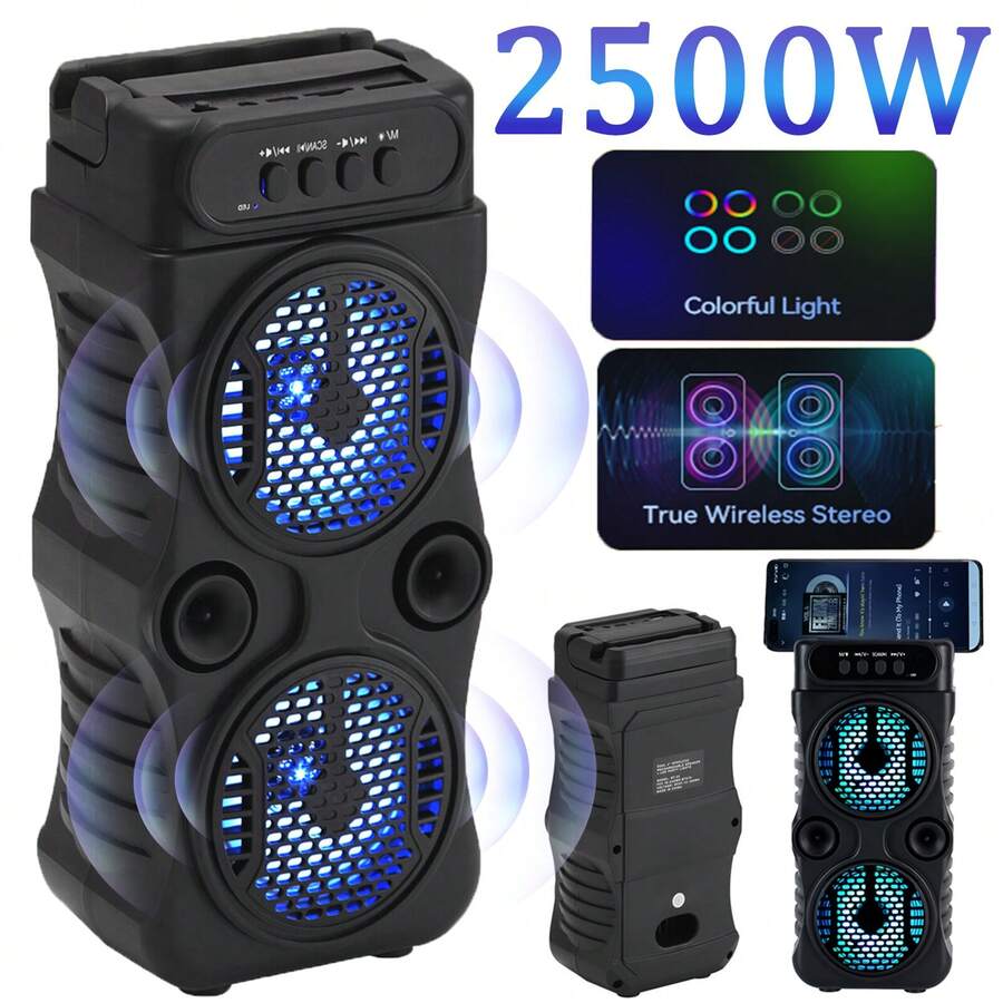 Dazone Portable Bluetooth Speaker Dual 3-In Woofer Wireless Stereo Speaker Subwoofer USB Rechargeable Heavy Bass LED Party PA Sound System AUX FM Remote Control LED Light Handle
