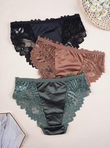 3 Packs Women's Shiny Underwear - Glossy Floral Lace Panties, Vibrant Bloom Design & Buttery-Soft Fit - Elegant Bikini Briefs For Everyday Romance