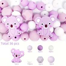 36/38/43pcs Cute Silicone Bead Set, 12mm/15mm Solid Color Koala Pattern Round Loose Beads, Used For DIY Jewelry Making, Key Chain, Pen Strap, Bracelet, Necklace, Pendant Handcraft Supplies