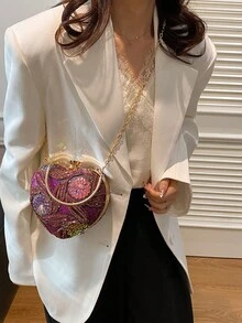 花卉亮片拼接不对称手提包，爱心造型手拿包，优雅五金装饰，适合晚宴、婚礼、度假等场合，可斜挎，链条设计，可装口红和零钱包，情人节礼物，紫色，亮片 - 紫色 - 查看 5