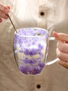 1pc Internet Celebrity Petal Quicksand Cup Highly Attractive Coffee Real Flower Double-Layer Glass Cup Creative Borosilicon Glass Cup, Valentine's Day, Thanksgiving, Christmas, Available When Receiving Guests At Home - Clear - View 13