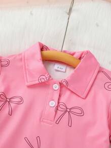 Set de 2 piezas Elegante y de moda para niñas, suave, transpirable y con estilo, blusa de cuello polo con estampado de mariposa de manga corta y falda vaquera azul con bordado de mariposa, apropiada para vacaciones, fiestas, uso casual y diario