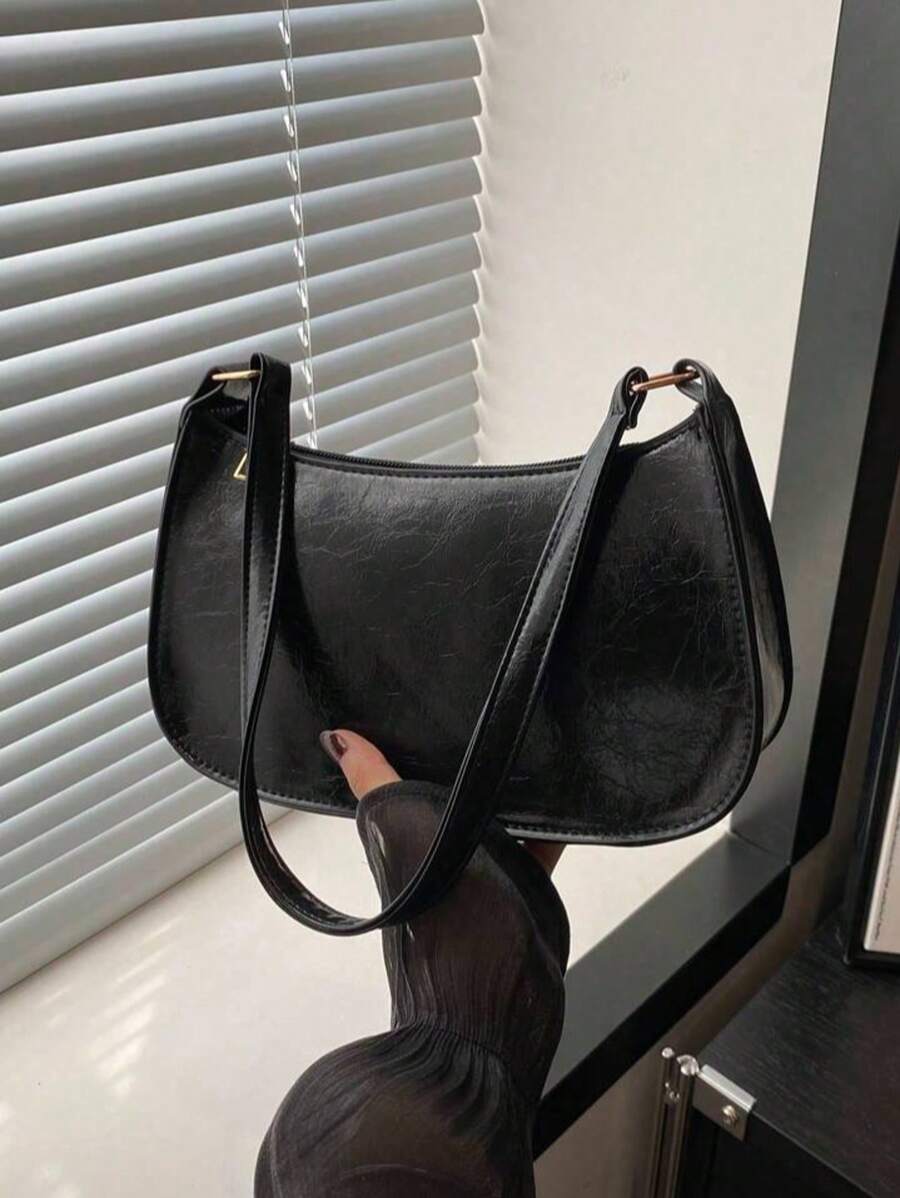 Bolso de hombro con cierre de cremallera de unicolor y minimalista, bolso de media luna elegante y sencillo, bolso de hombro con cremallera, bolso de unicolor de piel sintética, bolso burdeos ideal para Año Nuevo, bolso burdeos de moda