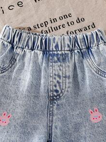 Girls Casual Pink Strawberry & Bear Print Light Blue Straight Leg Jeans - Light Wash - View 4