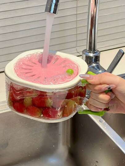 1 Stück süßer rosa Obst-Waschkorb, Haushalt Obst Aufbewahrungskorb mit dickerem Deckel, faltbarem Griff, Küchenhelfer, Küchenutensilien für maximale Kücheneffizienz mit gemütlichen Herbst- und Winterstilen