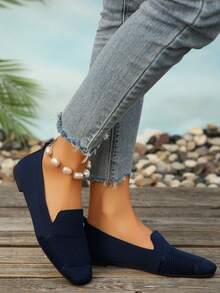 Zapatos casuales de mujer con punta puntiaguda y sin cordones, multicolor, ligeros, cómodos, aptos para uso al aire uso casual - Azul Marino - Ver 9