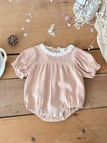 Baby Girls' Sweet Lace Trim Ruffled Short Sleeve Bodysuit, Summer - Dusty Pink - View 7