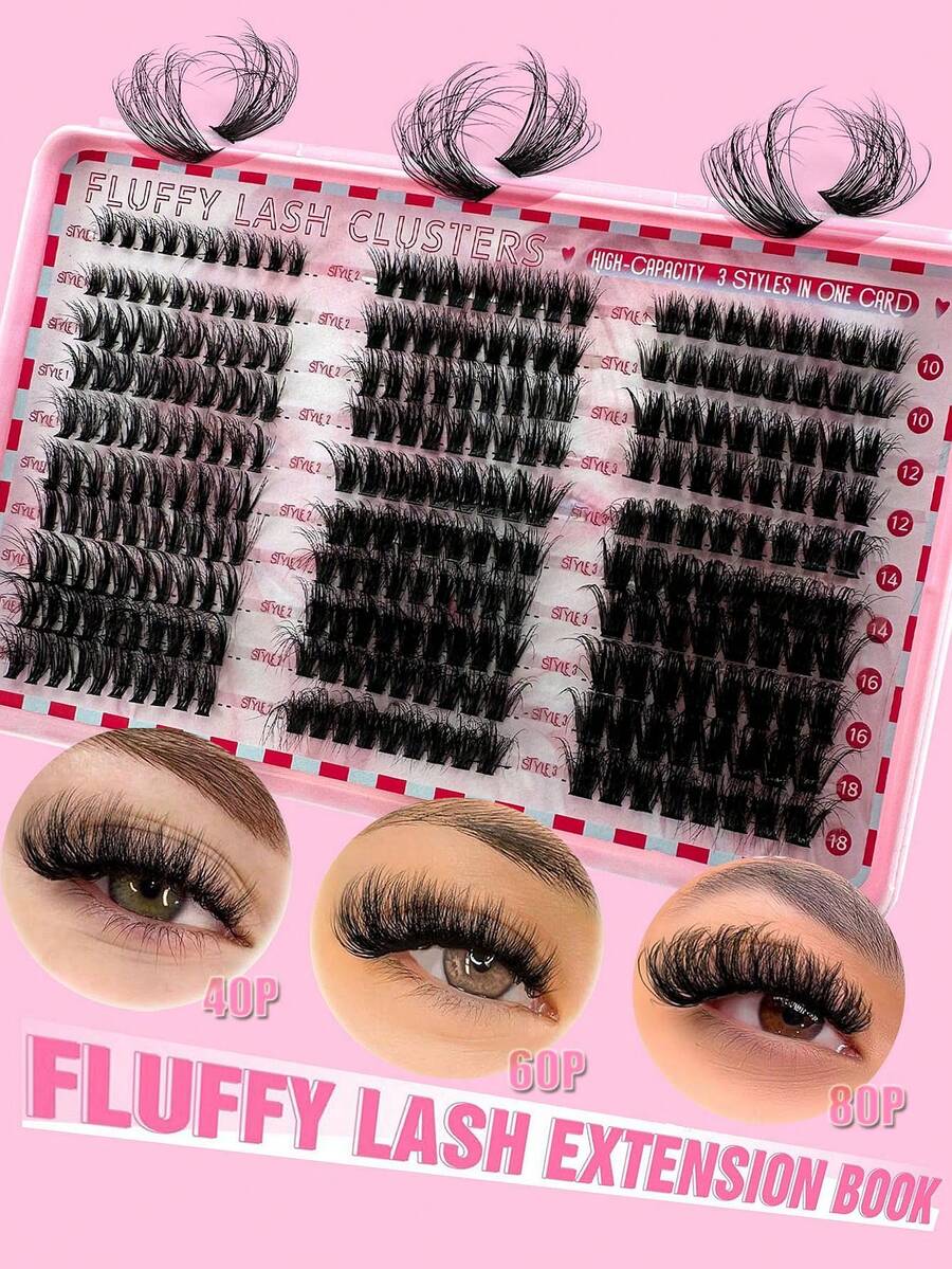 300pcs/Set Artificial Mink Eyelashes, 40D/60D/80D Fluffy Individual Eyelash Extensions, 5D Effect 0.07mm Curled Dramatic Eyelash Extensions 10-18mm Mixed Tray, Makeup Tools, High Volume Personal Eyelash Extension, Suitable For DIY Home Use, Everyday Makeup, Cosplay - D - 查看 1