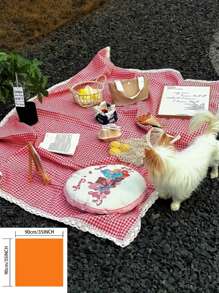 1 pieza Manta de picnic tejida a cuadros rosados, estilo granja americana con encaje, gruesa y de uso múltiple para campamento, playa, sofá, comidas al aire libre y relajación, decoración del hogar