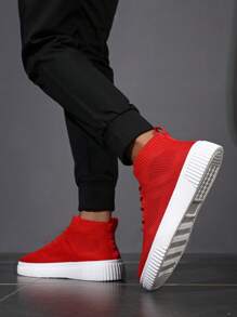 Men's High-Top Casual Sneakers, Breathable Knit Upper, Streetwear Style, Suitable For All Seasons