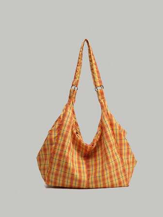 休闲托特包2025夏季新款格纹大容量单肩包，拉链开合可单肩背