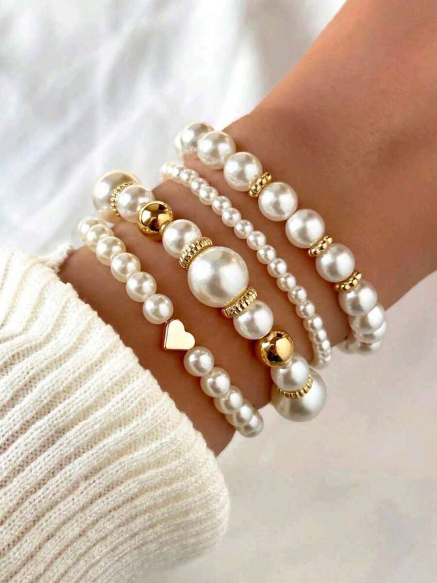 4pcs/Set Fashionable Love & Beaded Bracelet, Faux Pearl Bracelet Set Valentine's Day Accessories - Multicolor - View 1